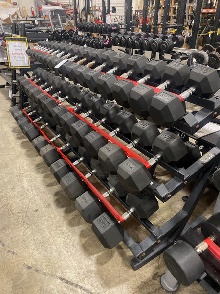 York 5-100lb Rubber Hex Dumbbells w/ 3 Tier Dumbbell Rack - Used