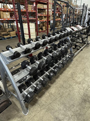 Troy Barbell TSD 5-75lb Dumbbell Set with Cybex Three Tier Saddle Dumbbell Rack-USED