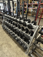 Troy Barbell TSD 5-75lb Dumbbell Set with Cybex Three Tier Saddle Dumbbell Rack-USED