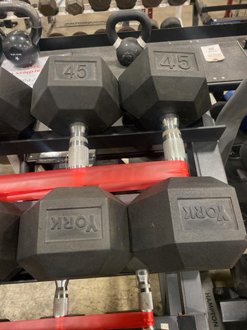 York 5-100lb Rubber Hex Dumbbells w/ 3 Tier Dumbbell Rack - Used