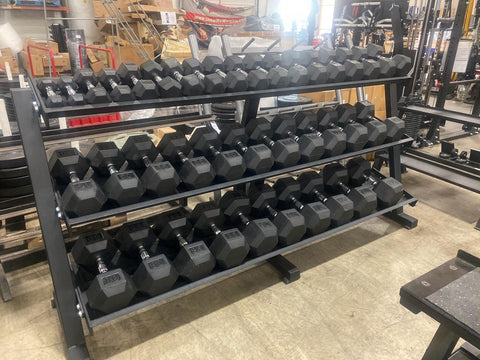 York Barbell 5-120lb Dumbbell Set w/ York 3 Tier Dumbbell Rack - Used