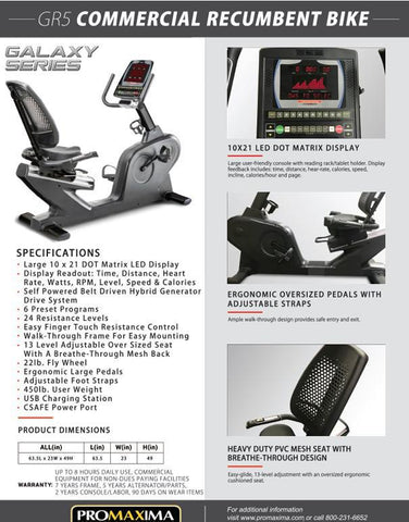 ProMaxima GR5 Galaxy Commercial Recumbent Bike