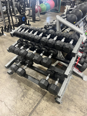 Rubber Hex Dumbbell Set 5-50lb with Life Fitness Three Tier Dumbbell Rack-USED