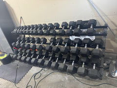 York 5-100lb Rubber Hex Dumbbells w/ 3 Tier Dumbbell Rack - Used