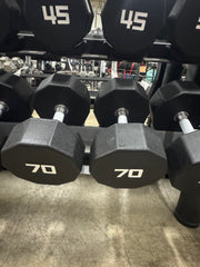 SMW Signature Series Urethane 10-Sided Dumbbell Set 5-75lb Set with SMW RE6027 Three Tier Saddle Dumbbell Rack