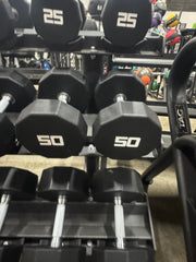 SMW Signature Series Urethane 10-Sided Dumbbell Set 5-75lb Set with SMW RE6027 Three Tier Saddle Dumbbell Rack