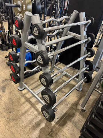 Ziva ZVO Urethane Fixed Barbell Rack with EZ Curl and Straight Barbells-USED