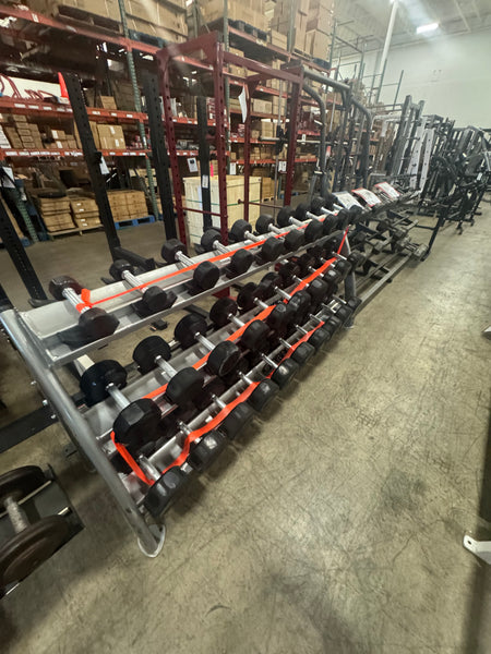 Troy Barbell TSD 5-75lb Dumbbell Set with Cybex Three Tier Saddle Dumbbell Rack-USED