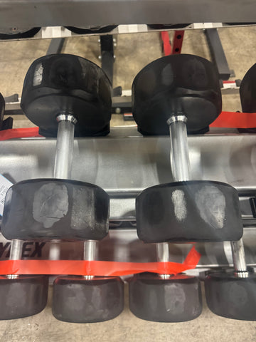 Troy Barbell TSD 5-75lb Dumbbell Set with Cybex Three Tier Saddle Dumbbell Rack-USED