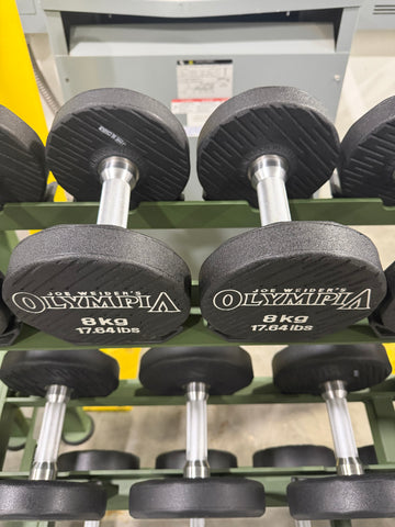 Newtech Wellness Mr. Olympia Urethane Dumbbell Set 4kg thru 22kg plus Three Tier Saddle Dumbbell Racks (OLYMPIA VERSION)