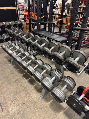 Round Dumbbell Set 5-100lb in 5lb increments with Saddle Dumbbell Racks