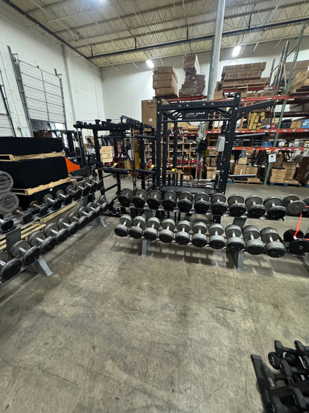 Round Dumbbell Set 5-100lb in 5lb increments with Saddle Dumbbell Racks