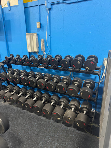 York Rubber Pro Round Dumbbells 5-150lbs w/Atlantis 3 Tier Racks - Used